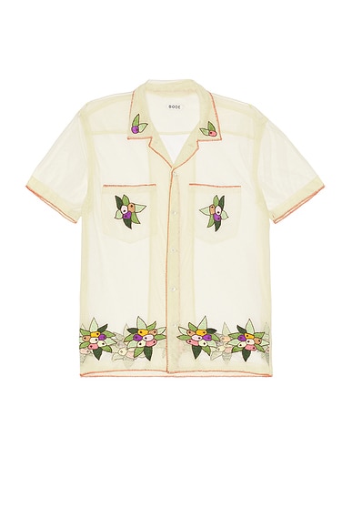 BODE Embroidered Suncherry Short Sleeve Shirt in White Multi