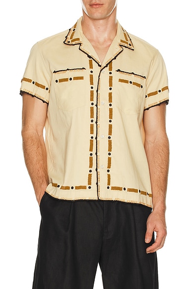 BODE Beaded Ryegrass Short Sleeve Shirt in Tan