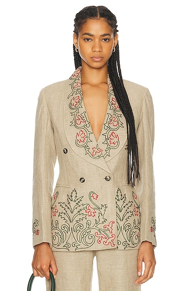 BODE Embroidered Trumpet Flower Suit Jacket in Tan