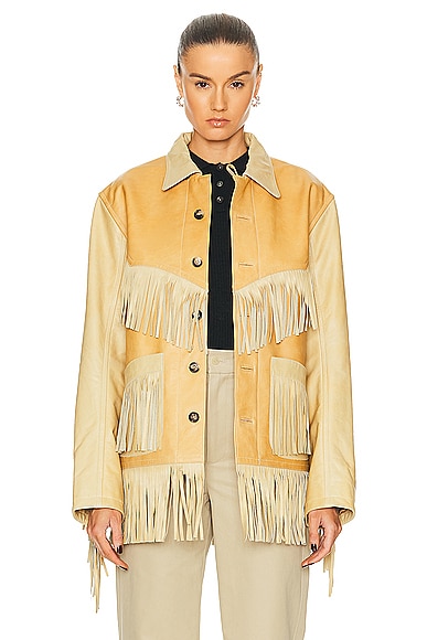 BODE Duo Leather Fringe Jacket in Brown & Tan