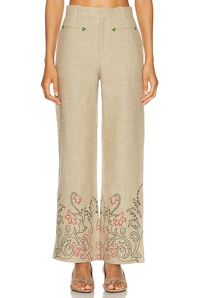 BODE Embroidered Trumpet Flower Murphy Trouser in Tan