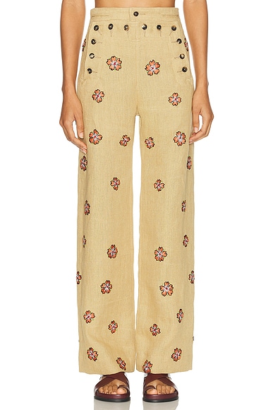 BODE Embroidered Wax Flower Trouser in Tan Multi