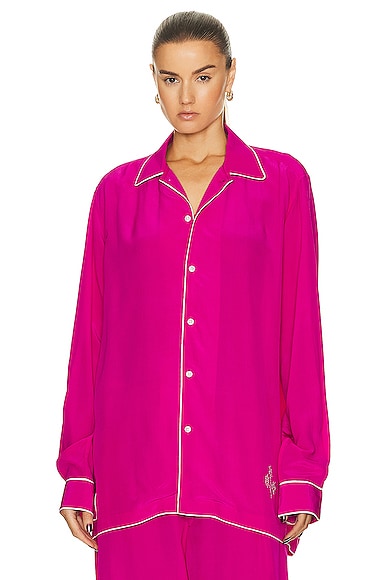 Bode Shadow Jasmine Piped Embroidered Silk Blouse In Fuchsia