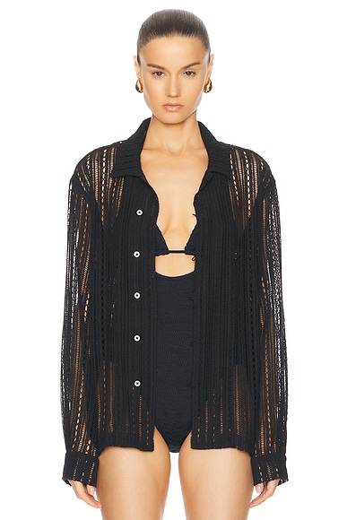 BODE Meandering Lace Long Sleeve Shirt in Black