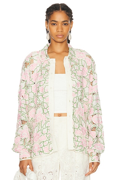 BODE Peony Lace Long Sleeve Shirt in Pink Multi