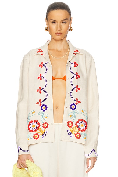 BODE Peony Lace Long Sleeve Shirt in Pink Multi | FWRD