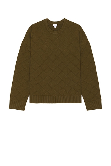 Bottega Veneta Crew Neck Wool Intreccio 3d Knit Sweater in Olive Oil