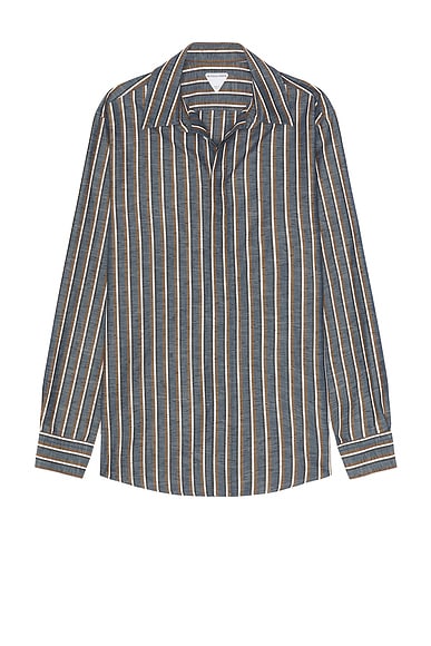 Bottega Veneta Bold Botton Linen Stripe Shirt in Blue, Khaki, & Black