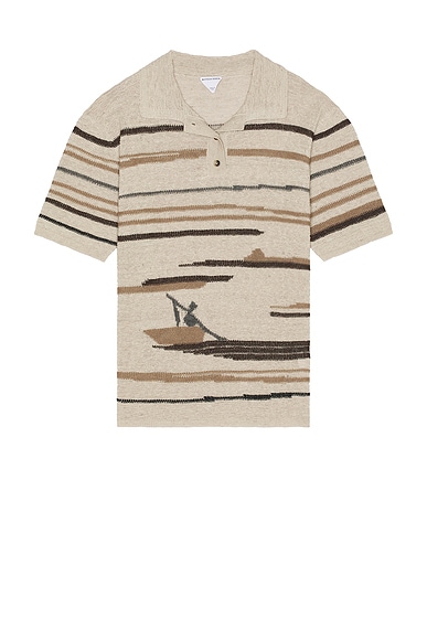 Bottega Veneta Linen Graphic Knit Polo in Bone, Truffle, & Chalk