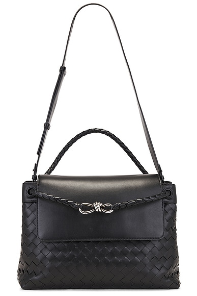 Bottega Veneta Medium Andiamo Messenger Intrecciato Avenue Bag in Black & Vintage Silver