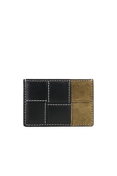 Bottega Veneta Cassette Stitch Suede Credit Card Case in Must & Black