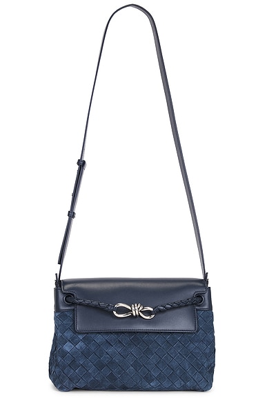 Bottega Veneta Intr.15 Light Suede Avenue Borsa Satchel in Neptune & Vintage Silver