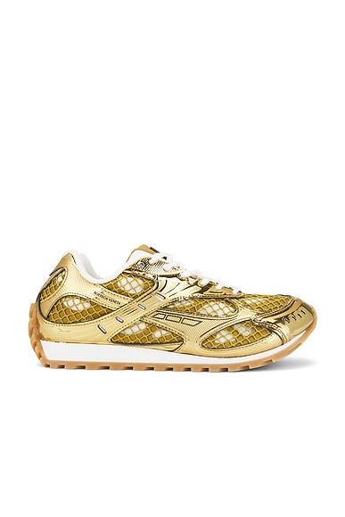 Bottega Veneta Orbit Lace-Up Sneaker Technical Fishnet in Gold & White