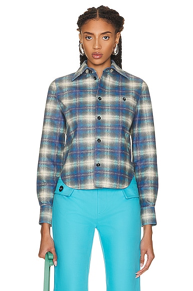 Shop Bottega Veneta Leather Check Flannel Shirt In Multi Light Blue