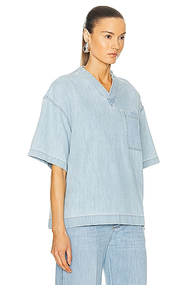 Bottega Veneta Blue Denim Cotton Blouse For Women | Designer Ss24 Collection In Bleached Light Denim