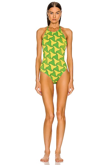 Bottega Veneta Wavy Triangle Crinkle Swimsuit in Green