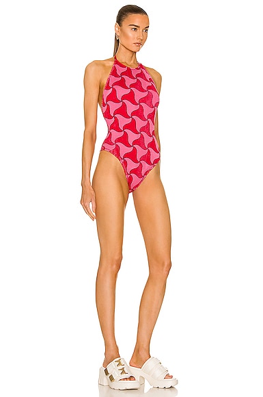 Shop Bottega Veneta Wavy Triangle Crinkle Swimsuit In Pink & Scarlet