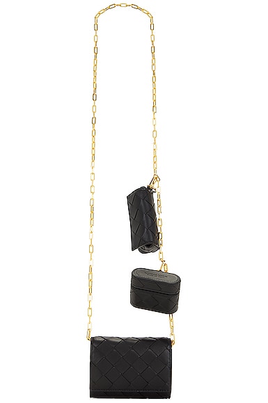 超美品　BOTTEGA VENETA Card Case On Chain Bottega Veneta Card Case On Chain with Accessory in Black & Gold