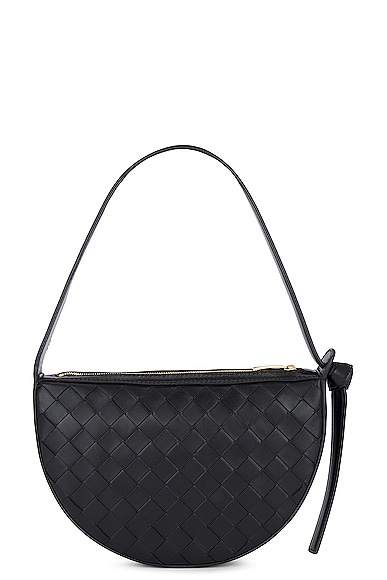 Bottega Veneta Mini Sunrise Leather Shoulder Bag In Black & Gold
