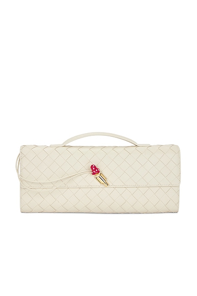 Bottega Veneta Andiamo Clutch in Sea Salt, Mushroom, & Muse Brass
