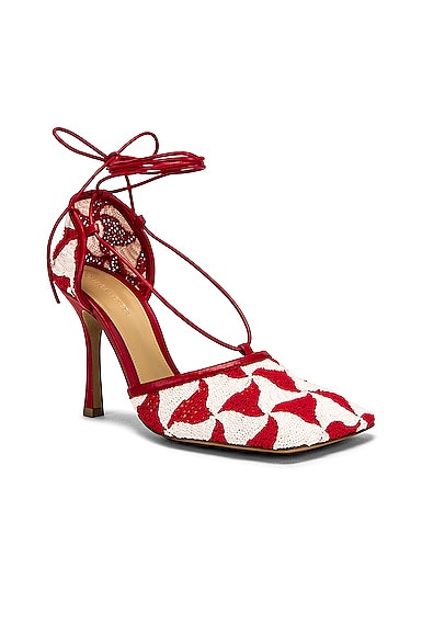 Bottega Veneta Red Two-tone Stretch Crochet Heels In String & Scarlet