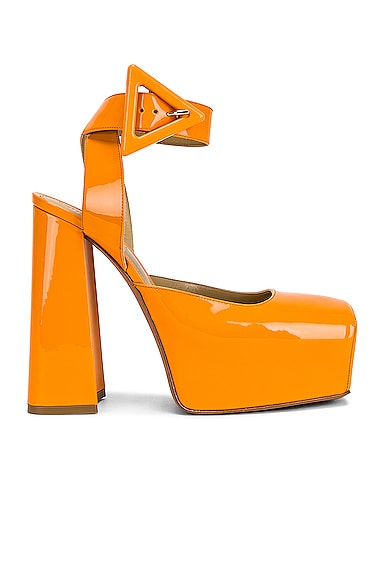 Bottega Veneta Tower Square Toe Ankle Strap Pumps in Tangerine