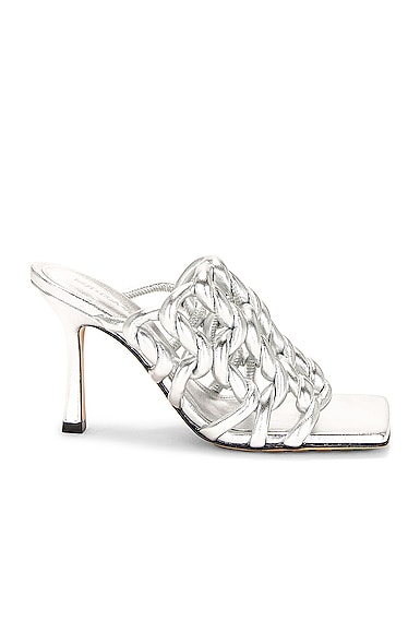 Bottega Veneta Reflection Weave Stretch Mule Sandals in Metallic Silver