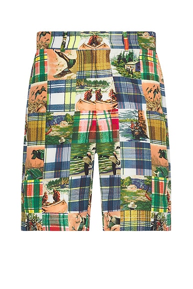 Plain Front Shorts Jacquard Mapping Patchwork Like Print in Green