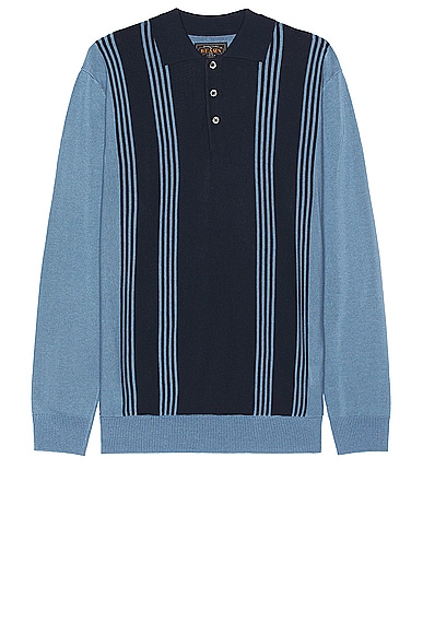 Beams Plus Knit Polo Stripe 12g in Blue
