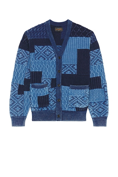 Cardigan Indigo Patchwork Like Jacquard