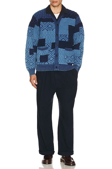 Cardigan Indigo Patchwork Like Jacquard