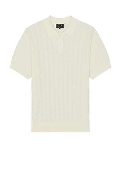 Beams Plus Knit Polo Cable in White