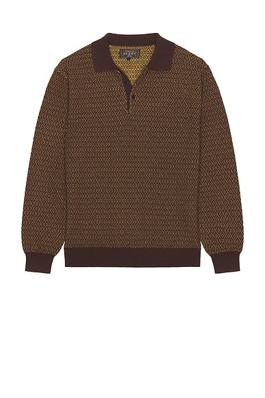 Beams Plus Knit Polo Diamond Pattern in Brown