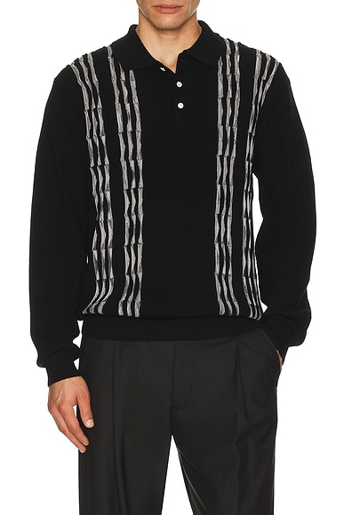 Beams Plus Knit Polo Born Stripe 14G in Black