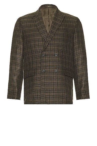 Beams Plus 4b Double Breasted Linen Mesh Plaid in Olive