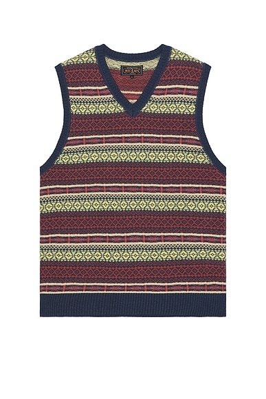 Beams Plus Cotton Linen Vest Fair Isle Pattern in Navy