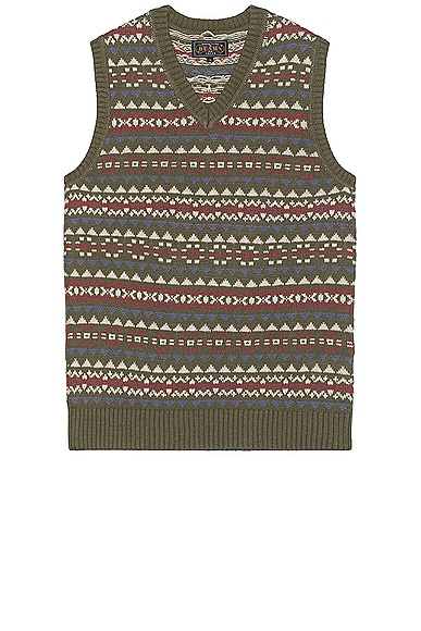 Shop Beams Cotton Linen Vest Fair Isle Pattern In Olive