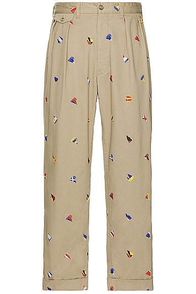 Shop Beams 2 Pleats Trousers Embroidery On Print In Khaki