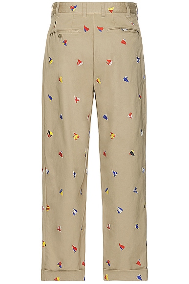 Shop Beams 2 Pleats Trousers Embroidery On Print In Khaki
