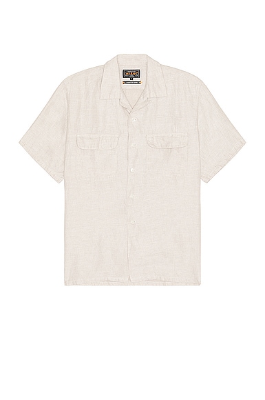 Beams Plus Open Collar Short Sleeve Linen Chambray Shirt in Natural