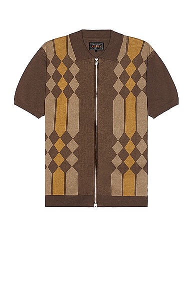 Beams Plus Zip Knit Polo Stripe in Brown