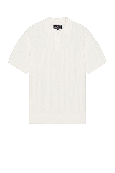 Beams Plus Knit Polo Cable in White