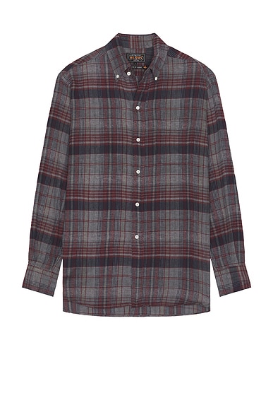 Beams Plus Open Collar Brushed Satin Plaid Shirt in Red