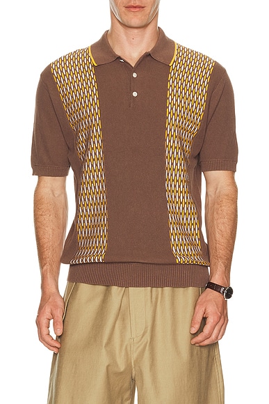 Beams Plus Knit Polo Front Stripe Jacquard in Brown