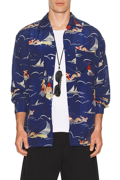 Beams Plus Open Collar Cupro Print in Blue