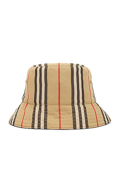 Burberry Brown Bucket Hat With Icon Stripe Motif In Cotton In Multi