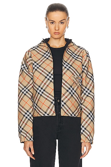 Shop Burberry Crop Check Reversible Jacket In Sand Ip Check