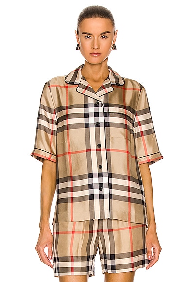 Shop Burberry Tierney Bowling Pajama Shirt In Archive Beige Ip Check