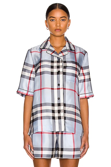 Shop Burberry Tierney Bowling Pajama Shirt In Pale Blue Ip Check