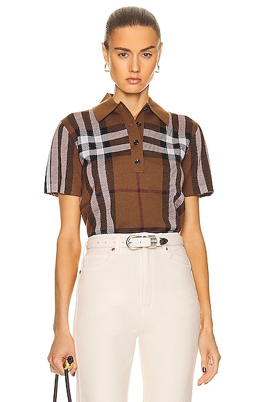 Burberry Frankie Patchwork Check Polo Top in Brown